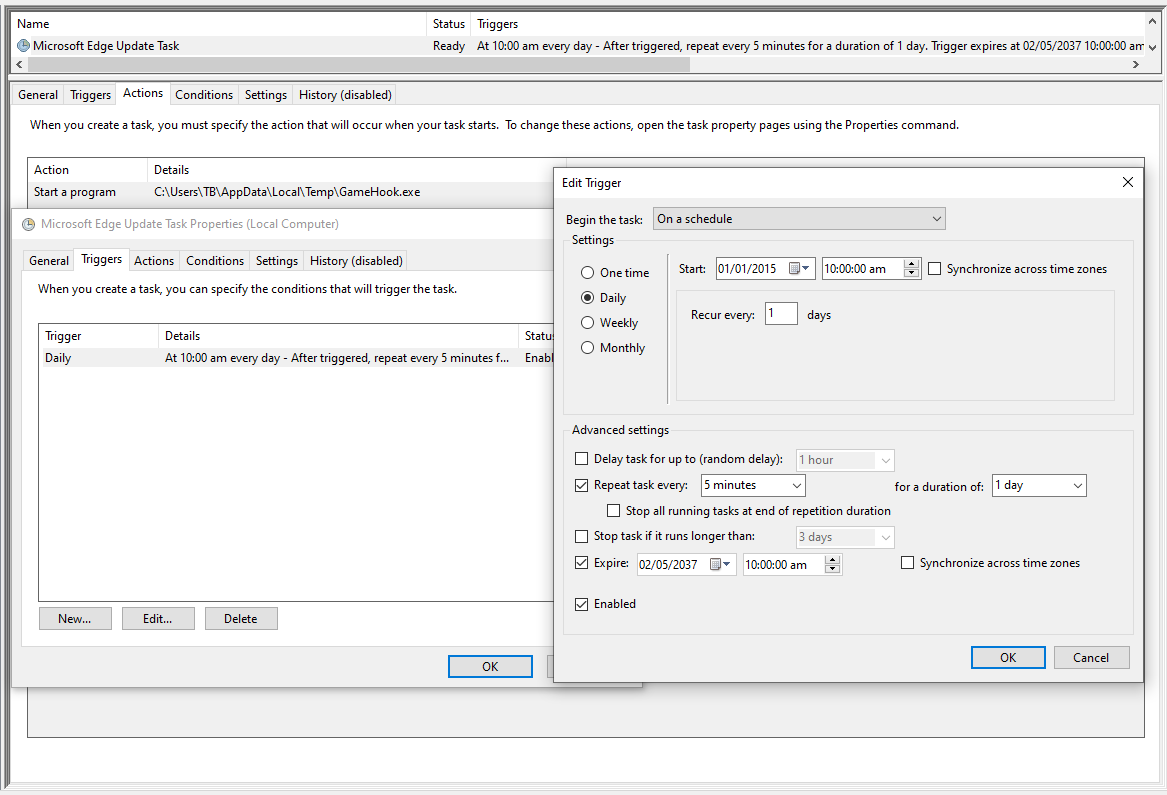 Scheduled task trigger configuration