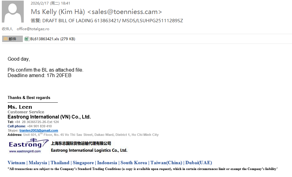 Sample 1 phishing email view