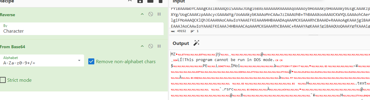 PE file decryption via reversal and Base64