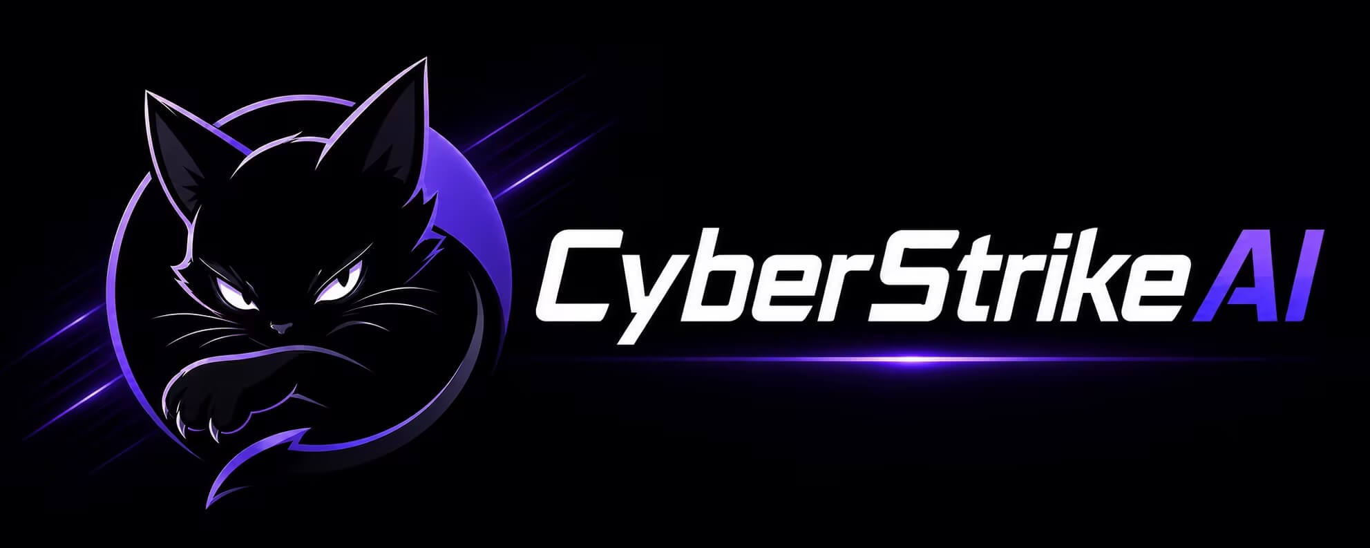 CyberStrikeAI logo, a black cat inside a purple circle beside the wordmark CyberStrike AI on a black background.